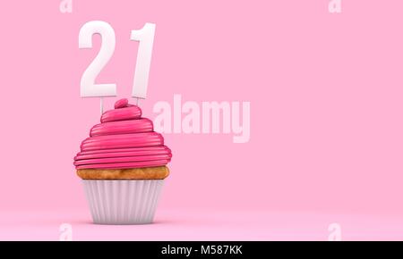 Nummer 21 rosa Geburtstagsfeier Cupcake. 3D-Rendering Stockfoto