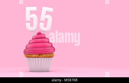 Nummer 55 rosa Geburtstagsfeier Cupcake. 3D-Rendering Stockfoto