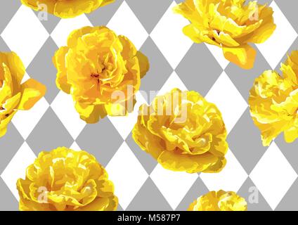 Nahtlose Muster mit flauschigen gelbe Tulpen. Schöne Blumen und Blüten sowie deren Knospen, realistisch Stock Vektor