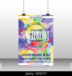 Neon Farben Low Poly Holi Festival Flyer Stock Vektor