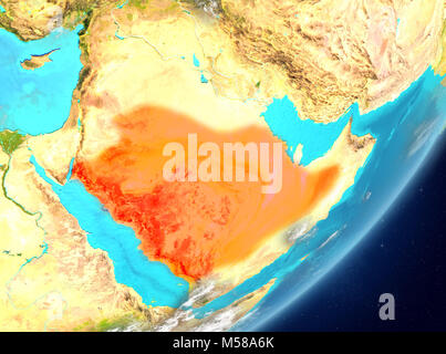 Satellitenansicht von Saudi-arabien in Rot hervorgehoben auf dem Planeten Erde mit Wolken. 3D-Darstellung. Elemente dieses Bild von der NASA eingerichtet. Stockfoto