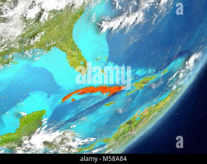 Satellitenansicht von Kuba in Rot hervorgehoben auf dem Planeten Erde mit Wolken. 3D-Darstellung. Elemente dieses Bild von der NASA eingerichtet. Stockfoto