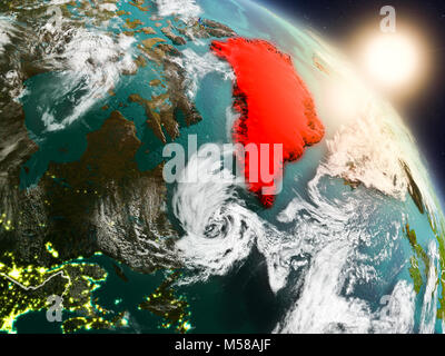 Sonnenuntergang über Grönland aus dem Weltraum auf dem Planeten Erde mit sichtbaren Grenzen. 3D-Darstellung. Elemente dieses Bild von der NASA eingerichtet. Stockfoto