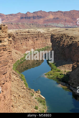 Grand Canyon National Park Marble Canyon Colorado River. (3958 x 5661) Blick nach Norden von Navajo Brücke über den Colorado River, in Richtung von Lees Ferry, 4 Meilen Flussaufwärts. Lees Ferry ist 42 Meilen (61 km) Von der Seite über Highway 89 South und Highway 89 West. Es ist 85 Meilen (125 km) von der North Rim des Grand Canyon über Highway 89 und Highway 67. Die Lees Ferry Junction und befindet sich westlich von Navajo Bridge Interpretive Centre. Eine gepflasterte Straße führt 5 Meilen (8 km) mit der Fähre. National Park Service Campground, Ranger Station, und öffentliche Startrampe sind die einzigen verfügbaren Dienste ein Stockfoto