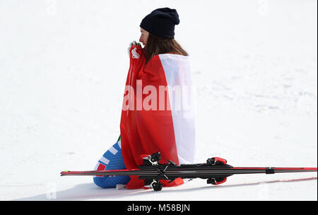 Italiens Sofia Goggia feiert ihr die Goldmedaille in der Abfahrt der Frauen an der Jeongseon Alpine Center während der Tag zwölf der Olympischen Winterspiele 2018 PyeongChang in Südkorea. Stockfoto