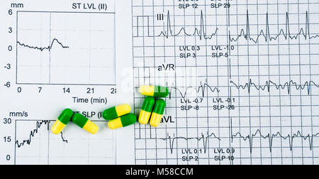 EKG oder EKG (Elektrokardiogramm) In dem Bericht "Diagramm Papier. EST (Belastungstest) und grün-gelbe Kapsel Pillen. Paket Förderung für Herz che Stockfoto