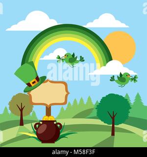 St Patricks Day grün rainbow Vögel Kessel Landschaft Klee Stock Vektor