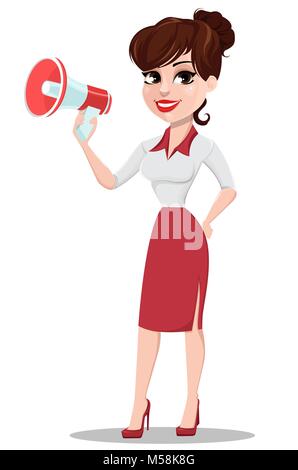 Junge cartoon Geschäftsfrau in rot und weiße Kleidung. Schöne Dame holding Megaphon. Modernen Business Woman. Vector Illustration Stock Vektor