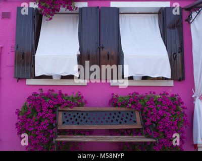 Öffnen Sie Windows in einem Magenta in Burano Italien gefärbt mit einer Bank durch Blumen umgeben Stockfoto