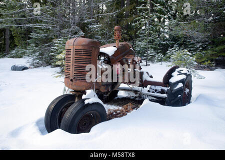 Eine alte International Farmall Cub Traktor im Schnee, durch ein Gehöft auf der Seite eines Berges, in Lincoln County, Montana. Stockfoto