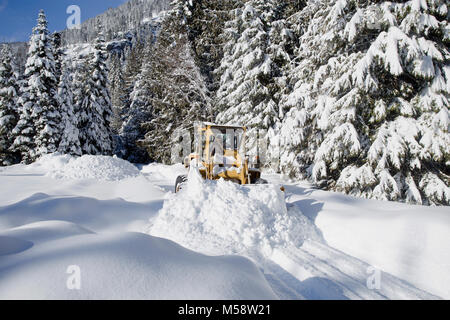 02/19/2018 Snow event. Ein Caterpillar 950 mit Gummibereifung artikuliert Lader Schneeräumen auf einem Berg Straße nördlich des Noxon, in Sanders County Montana. Stockfoto