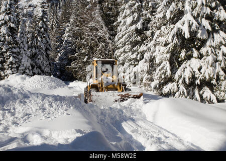 02/19/2018 Snow event. Ein Caterpillar 950 mit Gummibereifung artikuliert Lader Schneeräumen auf einem Berg Straße nördlich des Noxon, in Sanders County Montana. Stockfoto