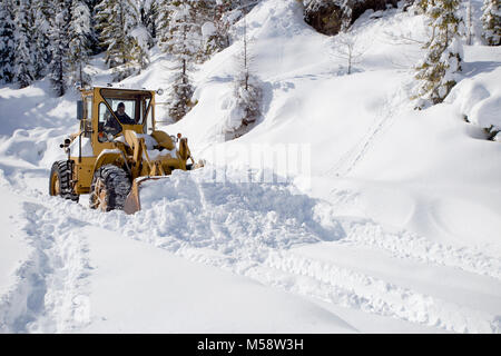 02/19/2018 Snow event. Ein Caterpillar 950 mit Gummibereifung artikuliert Lader Schneeräumen auf einem Berg Straße nördlich des Noxon, in Sanders County Montana. Stockfoto