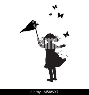 Silhouette Mädchen mit Schmetterling Netz. Vector Illustration Stock Vektor