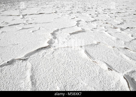 Salzkruste am Ufer der Lagune und salt lake Tuyajto, Anden Altiplano (Hochebene), Los Flamencos National Reserve, Atacama-wüste, Antofagasta Stockfoto