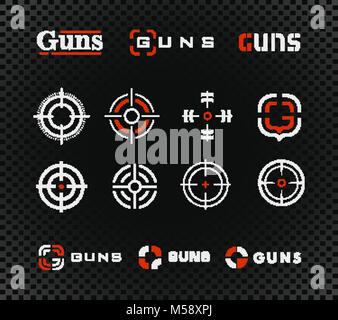 Schießstand vector Template und Icon Sammlung. Schusswaffen oder andere Waffen Gewehr Anblick Zeichen auf schwarzem Hintergrund transparent. Stock Vektor