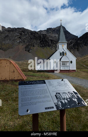 Britisches Territorium, Südgeorgien, King Edward Cove. Historischen Walfang Beilegung von grytviken. Die Kirche, aka die Walfänger Kirche. Stockfoto