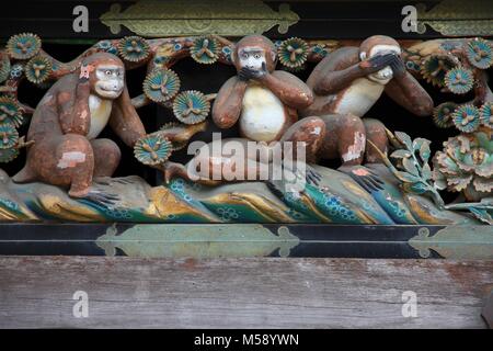 Drei Affen am Toshogu Schrein, Japan. Stockfoto