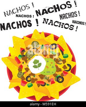 Geladen Käse nacho Platte mit Sauerrahm und guacamole mit mehreren nacho Wort text Stock Vektor