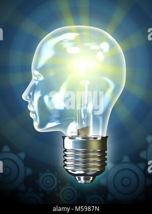 Die traditionelle Glühbirne in der Form eines menschlichen Kopfes. Digitale Illustration. Stockfoto