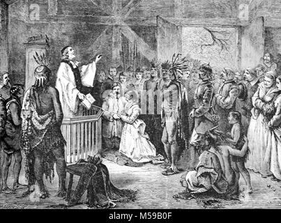 Hochzeit oder Heirat von Pocahontas (c 1596-1617), John Rolfe, im April 1614, durch Kaplan Richard Buck in Jamestown, Virginia, United States (Gravur, 1889) Stockfoto