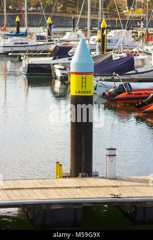 Yachten und Motorboote auf ihren Liegeplatz in der modernen Marina im County Down in Nordirland auf einem hellen späten Winter am Nachmittag Stockfoto