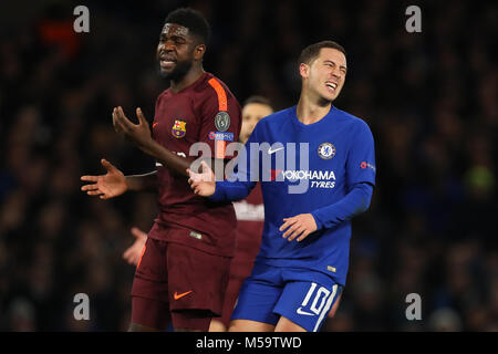 London, Großbritannien. 20. Februar, 2018. Eden Hazard von Chelsea zeigt seine Enttäuschung nach der verpassten Chance - Chelsea v Barcelona, UEFA Champions League, Achtelfinale, Hinspiele, Stamford Bridge, London - 20. Februar 2018. Credit: Richard Calver/Alamy leben Nachrichten Stockfoto