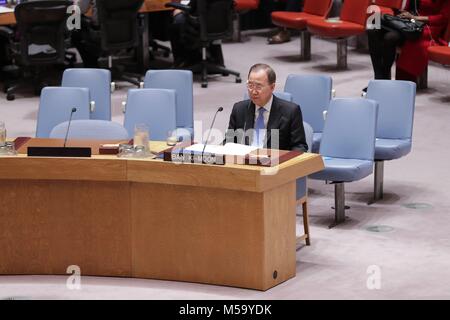 Vereinten Nationen, New York, USA, 21. Februar 2018 - Ex-Generalsekretär Ban Ki-Moon während einer Tagung des Sicherheitsrates für die Aufrechterhaltung des internationalen Friedens und der internationalen Sicherheit heute am Hauptsitz der Vereinten Nationen in New York. Foto: Luiz Rampelotto/EuropaNewswire *** Local Caption *** 00006074 | Verwendung weltweit Stockfoto
