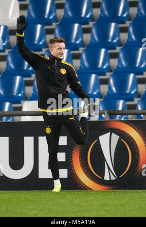 21. Februar 2018, Italien, Reggio nell'Emilia: Fußball, Europa League, Borussia Dortmund, Ausbildung: Dortmunder Marco Reus beteiligt sich an der Schulung der seine Mannschaft in der Mapeo Stadion. Borussia Dortmund Gesichter Atalanta Bergamo in der Rückkehr der Europa League der Runde der letzten 32. Foto: Bernd Thissen/dpa Stockfoto