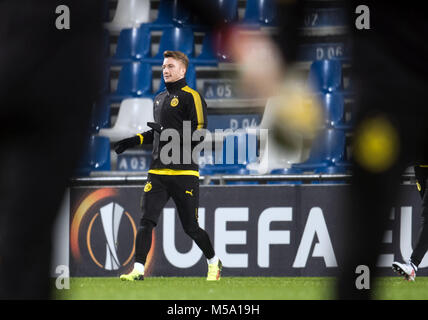 21. Februar 2018, Italien, Reggio nell'Emilia: Fußball, Europa League, Borussia Dortmund, Ausbildung: Dortmunder Marco Reus beteiligt sich an der Schulung der seine Mannschaft in der Mapeo Stadion. Borussia Dortmund Gesichter Atalanta Bergamo in der Rückkehr der Europa League der Runde der letzten 32. Foto: Bernd Thissen/dpa Stockfoto