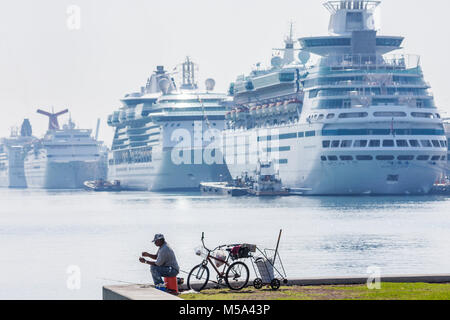 Miami Florida, Bicentennial Park, Hafen von Miami angedockt Kreuzfahrtschiffe, Mann Angeln Silhouette Fahrrad, Stockfoto