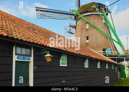 Gebäude aus dem 17. Jahrhundert und Mann auf Leiter dekorieren Windmühle, Zaanse Schans, einem Dorf in der Nähe von Zaandijk in Gemeinde Zaanstad, Niederlande. Stockfoto