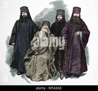 Russisch-orthodoxen Kirche. Russisch-orthodoxe Geistliche und Mönche. 1870. Gravur. Stockfoto