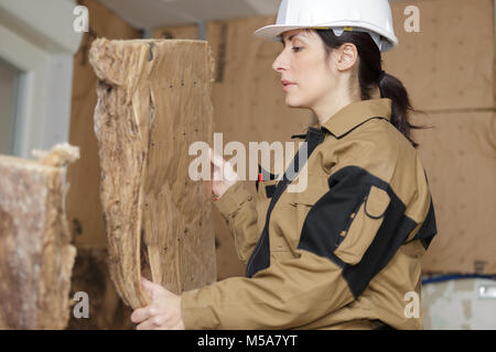 Weibliche Arbeitnehmer arbeiten mit Dämmplatten Stockfoto