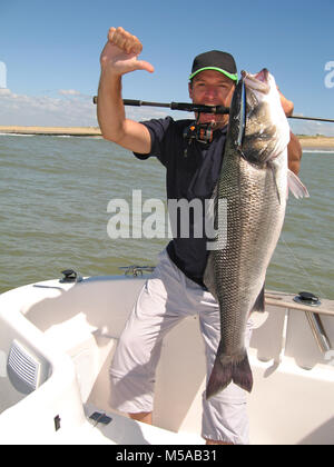 Lucky Fisherman Holding eine große Seebarsch Stockfoto