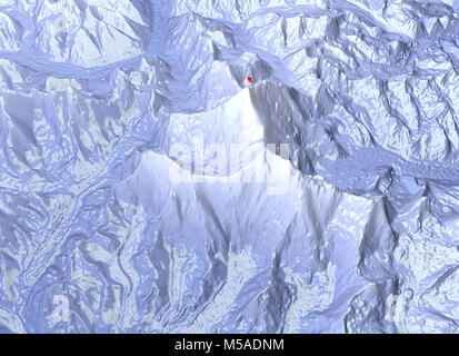 Mount Everest, Relief Höhe, in den Bergen. Himalaya Karte. Eine Fahne winken auf dem Gipfel des Everest Stockfoto