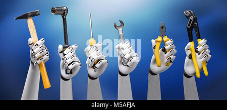 Close-up Robot Hand Werkzeuge auf blauem Hintergrund Stockfoto