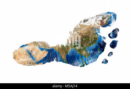 Echten Impressum von Kind Fuß mit einer Weltkarte der Asien - auf weißem Hintergrund Stockfoto
