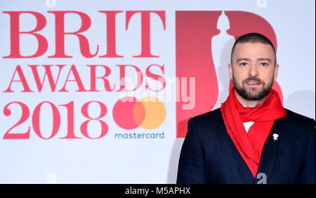 Justin Timberlake an den Brit Awards in der O2 Arena in London. Stockfoto