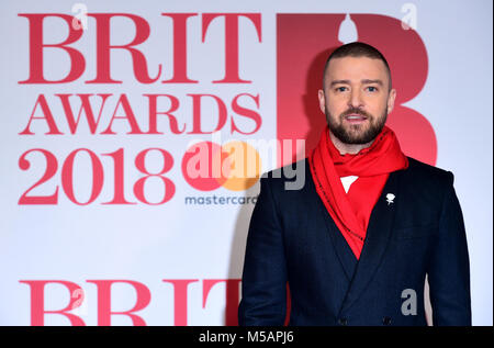 Justin Timberlake an den Brit Awards in der O2 Arena in London. Stockfoto