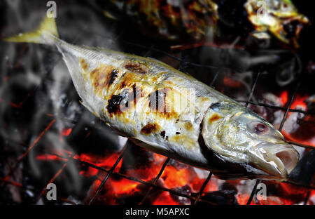 Indische Makrele fisch Grill auf der Holzkohle kochen Foto in flash Beleuchtung. Stockfoto