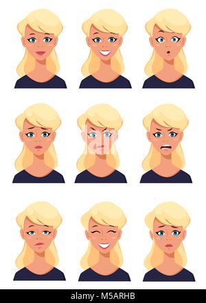 Gesichtsausdruck einer blonden Frau. Verschiedene weibliche Emotionen gesetzt. Attraktive cartoon Charakter. Vector Illustration auf weißem Hintergrund. Stock Vektor