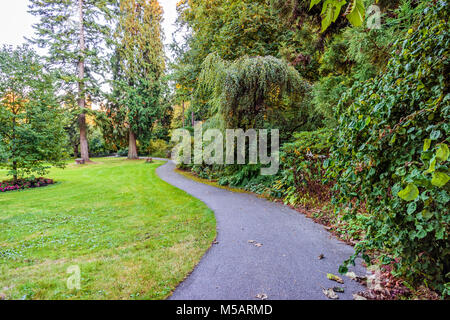Ein gewundener Pfad in einem Park mit Bäumen, Sträuchern, grünes Gras und Rote Beete, und eine Bank Stockfoto