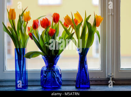 Drei blaue Vasen mit bunte Tulpen in einer Fensterbank Stockfoto