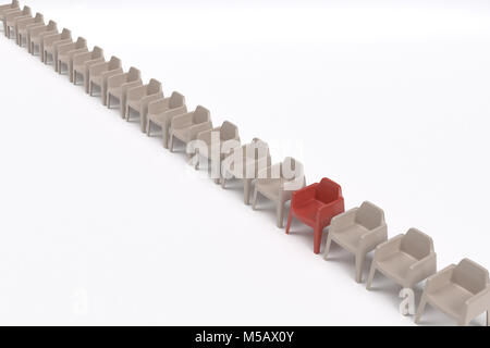 Zeile aus Kunststoff einfache Stühle und eine rote, 3D-Rendering Stockfoto