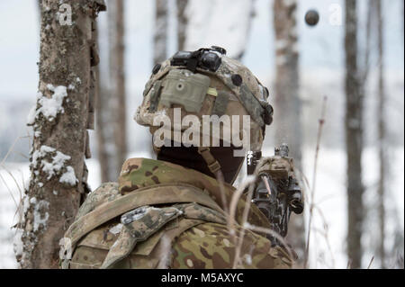 Ein Soldat Bajonett Unternehmen, 1.BATAILLON, 5 Infanterie Regiment, 1 Stryker Brigade Combat Team, 25 Infanterie Division, U.S. Army Alaska zugeordnet, bietet Fire Support mit seinem M320 Granatwerfer Modul während des Betriebs der Punchbowl bei Joint Base Elmendorf-Richardson, Alaska, 10.02.2018. Betrieb der Punchbowl war ein Bataillon, kombinierte Waffen, Feuer, die auf Arktis Letalität konzentriert. Während der Operation drei 150-Soldat Unternehmen manövrierte durch abwechslungsreiches Gelände; angreifen und Fressen feindliche Stellungen sowie Beseitigung der wichtigsten Waffen und Fahrzeuge eingesetzt, die von der Stockfoto