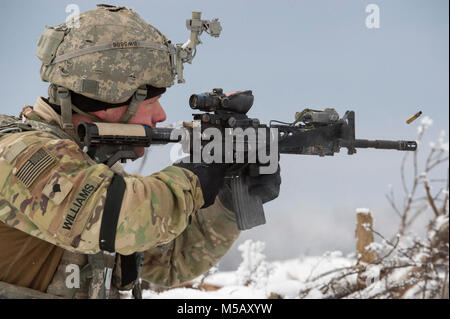 Spc. Zackery Williams, Ladegerät, 1 Bataillon, 5 Infanterie Regiment, 1 Stryker Brigade Combat Team, 25 Infanterie Division, U.S. Army Alaska zugeordnet, engagiert sich eine simulierte feindliche Position während des Betriebs der Punchbowl bei Joint Base Elmendorf-Richardson, Alaska, 10.02.2018. Betrieb der Punchbowl war ein Bataillon, kombinierte Waffen, Feuer, die auf Arktis Letalität konzentriert. Während der Operation drei 150-Soldat Unternehmen manövrierte durch abwechslungsreiches Gelände; angreifen und Fressen feindliche Stellungen sowie Beseitigung der wichtigsten Waffen und Fahrzeuge durch den Feind genutzt wird. (U.s. Stockfoto