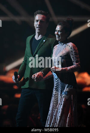 Damian Lewis und Anna Friel während der Brit Awards Show 2018, die in der O2 Arena, London, stattfand. DRÜCKEN SIE VERBANDSFOTO. Bilddatum: Mittwoch, 21. Februar 2018. Siehe PA Story SHOWBIZ Brits. Das Foto sollte lauten: Victoria Jones/PA Wire. Stockfoto