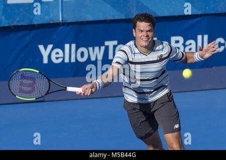 Delray Beach, FL, USA. 21 Feb, 2018. Delray Beach, FL - 21. Februar: Milos Raonic (können) 26 46 Steve Johnson (USA) beim 2018 Delray Beach geöffnet an der Delray Beach Tennis Center in Delray Beach, Florida statt. Credit: Andrew Patron/Zuma Kabel Credit: Andrew Patron/ZUMA Draht/Alamy leben Nachrichten Stockfoto