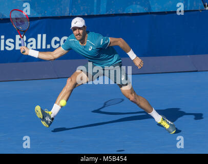 Delray Beach, FL, USA. 21 Feb, 2018. Delray Beach, FL - 21. Februar: Steve Johnson (USA) Niederlagen Milos Raonic (CAN) 62 64 Am 2018 Delray Beach geöffnet an der Delray Beach Tennis Center in Delray Beach, Florida statt. Credit: Andrew Patron/Zuma Kabel Credit: Andrew Patron/ZUMA Draht/Alamy leben Nachrichten Stockfoto